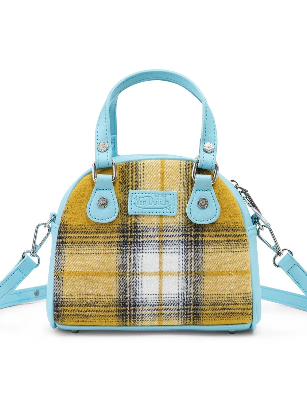 Von Dutch Yellow Plaid Mini Satchel with Light Blue Trim - Picture 7 of 9